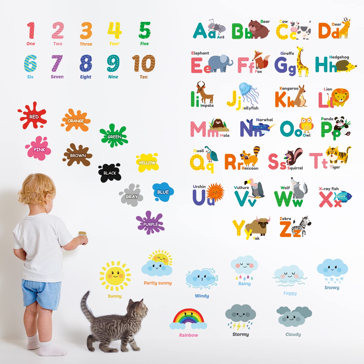 DECOWALL DS9-8070 Animal Alphabet Numbers Colour Weather Kids Wall Stickers Decals playroom Letters Decor Bedroom ABC Nursery Classroom Toddlers Learning Educational Baby Rainbow Colorful