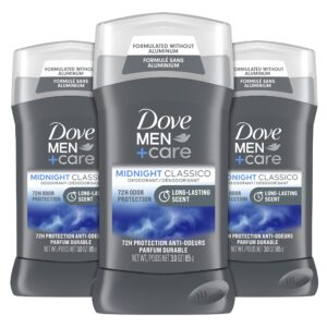 dove men + care deodorant stick for men midnight classico 3 count aluminum free 72-hour odor protection mens deodorant with essential oils & 1/4 moisturizing cream 3oz