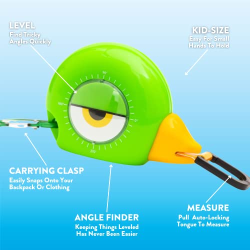 Handy Famm 8Ft Animal-Shaped Kids Tape Measure, Level & Protractor Angle Finder, Fun Educational Children's Tape Measure, Small Measuring Tape for Learning Early Math Skills, Ages 6+, Green Bird