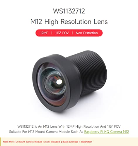 waveshare M12 High Resolution Lens, 12MP, 113° FOV, 2.7mm Focal Length, Compatible with Raspberry Pi Camera M12