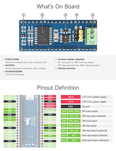 Waveshare CAN Bus Module (B) Compatible with Raspberry Pi Pico, Enabling Long Range Communication Through SPI