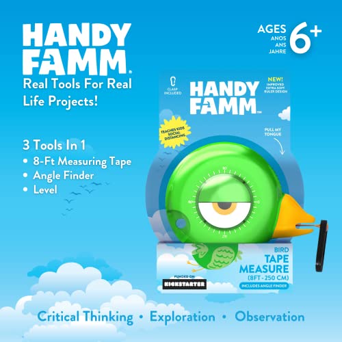 Handy Famm 8Ft Animal-Shaped Kids Tape Measure, Level & Protractor Angle Finder, Fun Educational Children's Tape Measure, Small Measuring Tape for Learning Early Math Skills, Ages 6+, Green Bird