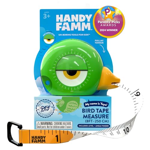 Handy Famm 8Ft Animal-Shaped Kids Tape Measure, Level & Protractor Angle Finder, Fun Educational Children's Tape Measure, Small Measuring Tape for Learning Early Math Skills, Ages 6+, Green Bird