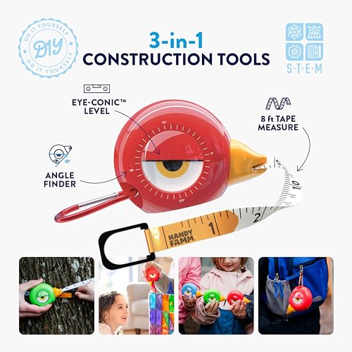 Handy Famm 8Ft Animal-Shaped Kids Tape Measure, Level & Protractor Angle Finder, Fun Educational Children's Tape Measure, Small Measuring Tape for Learning Early Math Skills, Ages 6+, Red Bird