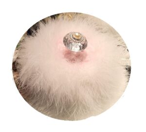 dusty pink faux fur bath dusting powder puff trimmed in ivory marabou down feathers with pearl and rhinestone embellished handle