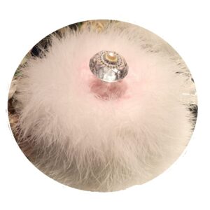 Dusty Pink Faux Fur Bath Dusting Powder Puff Trimmed in Ivory Marabou Down Feathers with Pearl and Rhinestone Embellished Handle