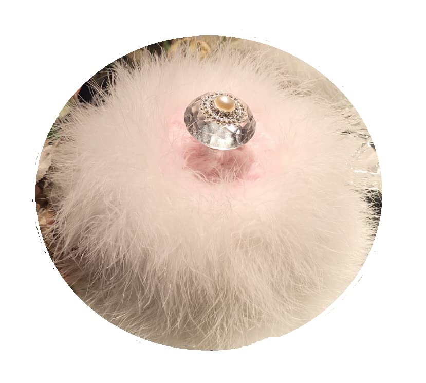 Dusty Pink Faux Fur Bath Dusting Powder Puff Trimmed in Ivory Marabou Down Feathers with Pearl and Rhinestone Embellished Handle