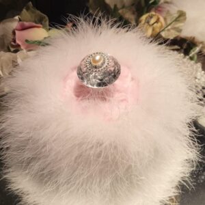 Dusty Pink Faux Fur Bath Dusting Powder Puff Trimmed in Ivory Marabou Down Feathers with Pearl and Rhinestone Embellished Handle