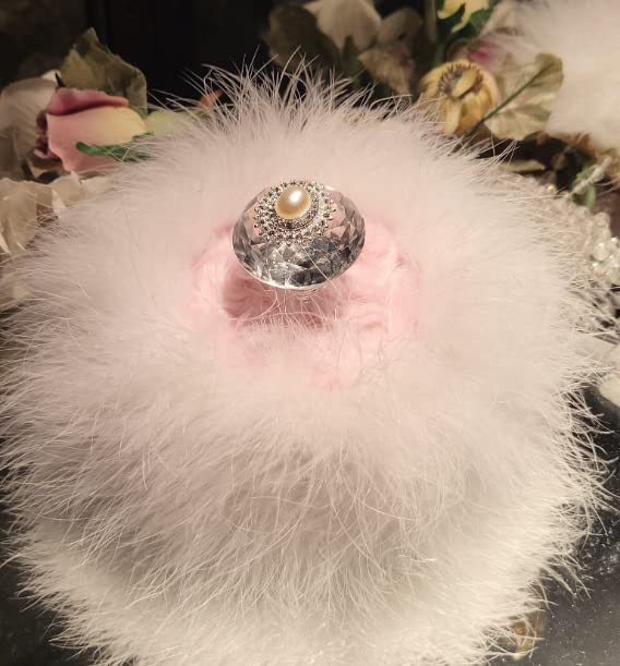 Dusty Pink Faux Fur Bath Dusting Powder Puff Trimmed in Ivory Marabou Down Feathers with Pearl and Rhinestone Embellished Handle