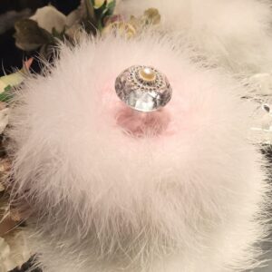 Dusty Pink Faux Fur Bath Dusting Powder Puff Trimmed in Ivory Marabou Down Feathers with Pearl and Rhinestone Embellished Handle