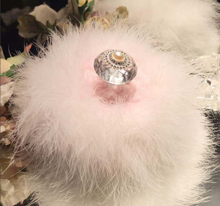 Dusty Pink Faux Fur Bath Dusting Powder Puff Trimmed in Ivory Marabou Down Feathers with Pearl and Rhinestone Embellished Handle