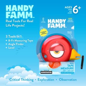 Handy Famm 8Ft Animal-Shaped Kids Tape Measure, Level & Protractor Angle Finder, Fun Educational Children's Tape Measure, Small Measuring Tape for Learning Early Math Skills, Ages 6+, Red Bird