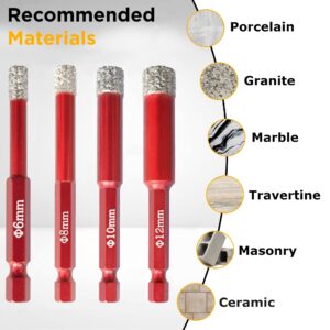 Superior Diamond Tools Dry Diamond Drill Bits - 4pcs - 1/4'' (6mm), 5/16'' (8mm), 3/8'' (10mm), 1/2'' (12mm) - Quick Change Hex Shank - Tile Drill Bits - Ceramic Drill Bit - Porcelain Drill Bits