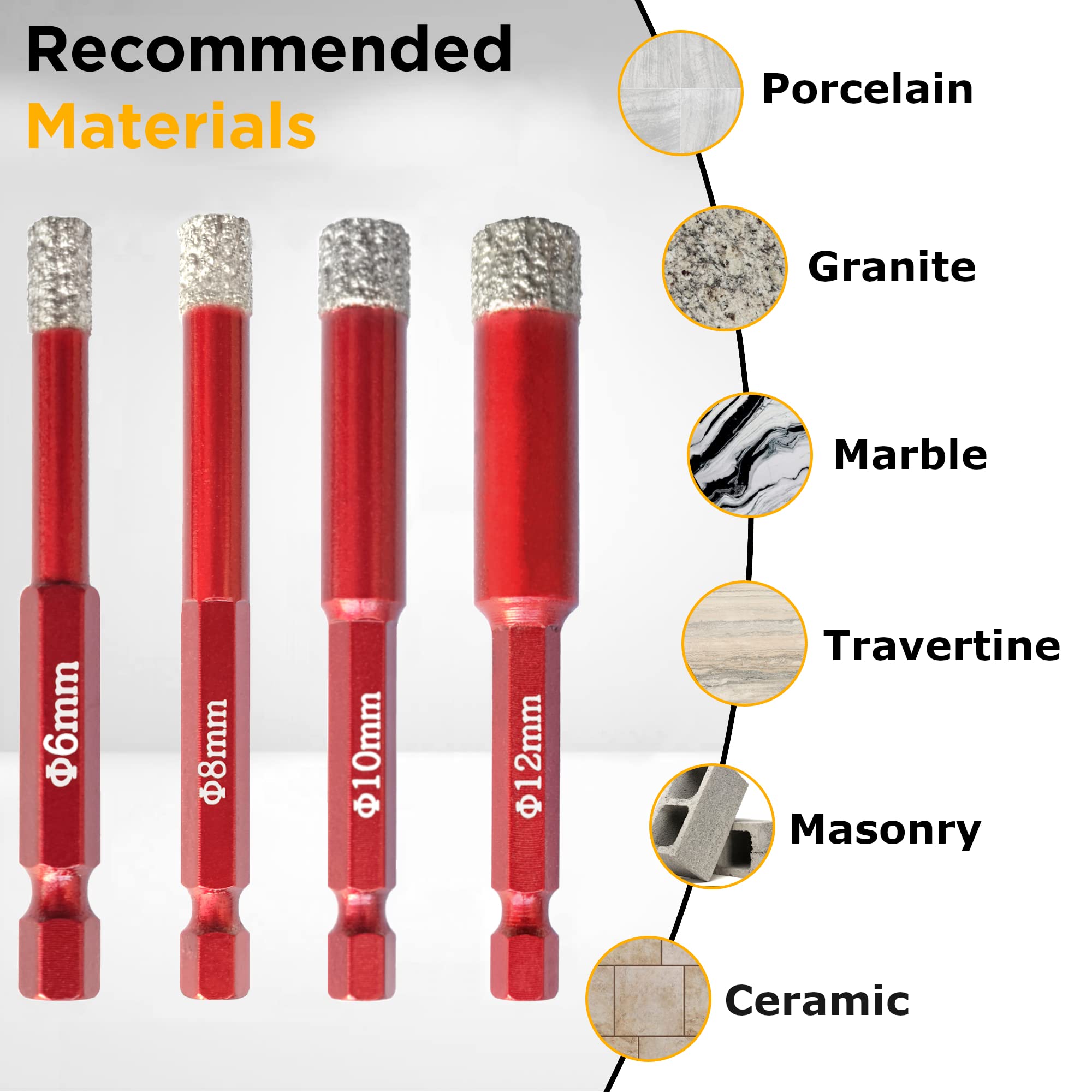 Superior Diamond Tools Dry Diamond Drill Bits - 4pcs - 1/4'' (6mm), 5/16'' (8mm), 3/8'' (10mm), 1/2'' (12mm) - Quick Change Hex Shank - Tile Drill Bits - Ceramic Drill Bit - Porcelain Drill Bits