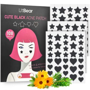 litbear acne patch pimple patch, black star & heart shaped acne absorbing cover patch, hydrocolloid acne patches for face zit patch pimple sticker acne dots, tea tree oil + centella (108 count)