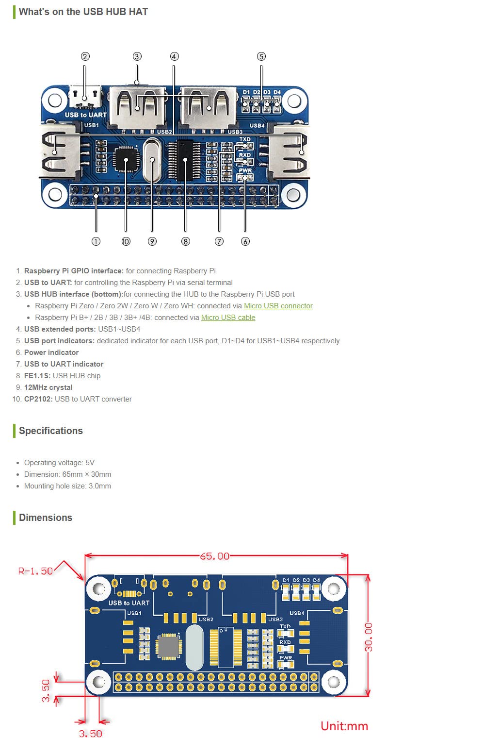 Coolwell Raspberry Pi USB HUB HAT 4 Port USB HUB for Raspberry Pi 4B+ 4B 3B+ 3B 2B+ Zero W WH USB to UART Converter Onboard