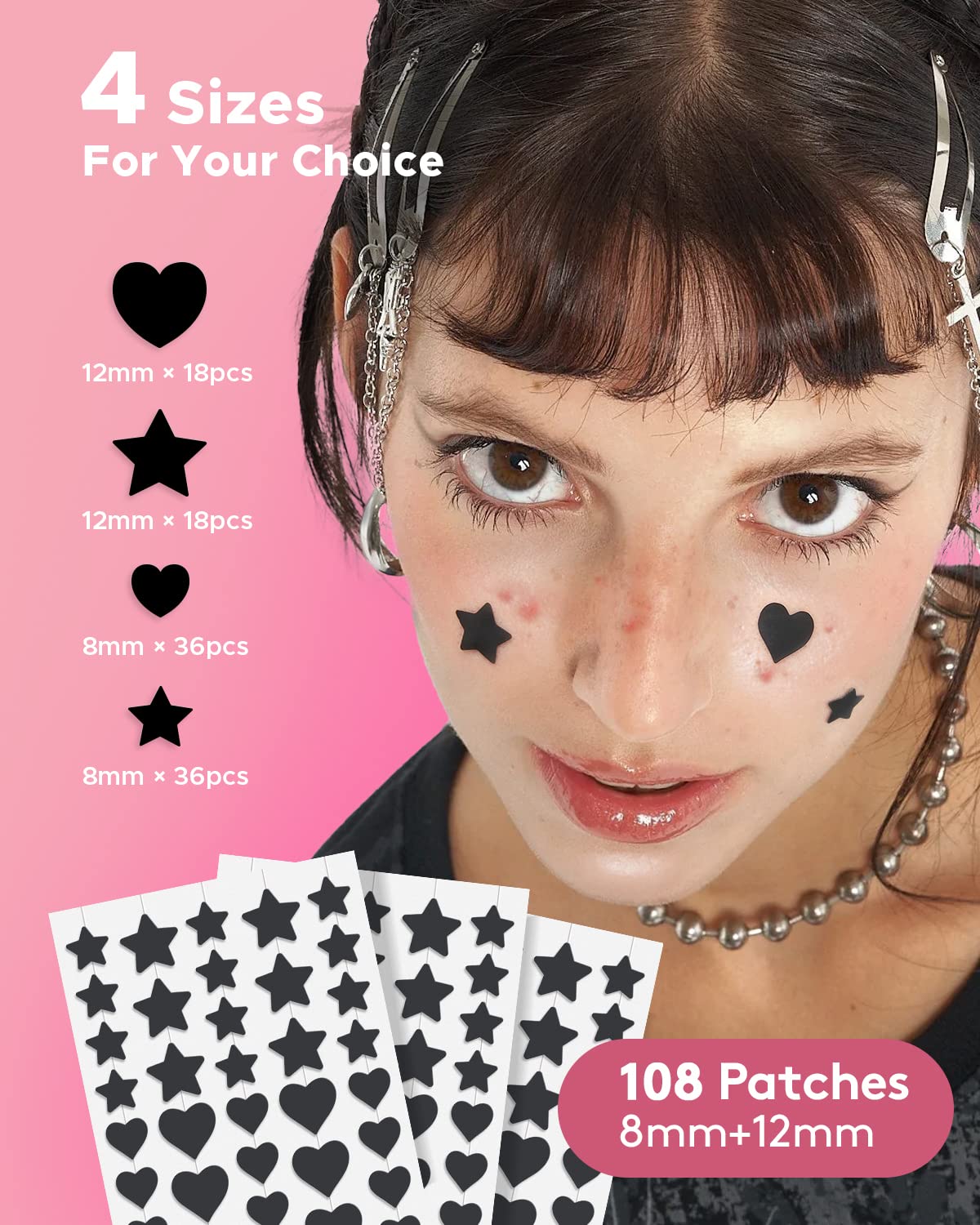 LitBear Acne Patch Pimple Patch, Black Star & Heart Shaped Acne Absorbing Cover Patch, Hydrocolloid Acne Patches For Face Zit Patch Pimple Sticker Acne Dots, Tea Tree Oil + Centella (108 Count)