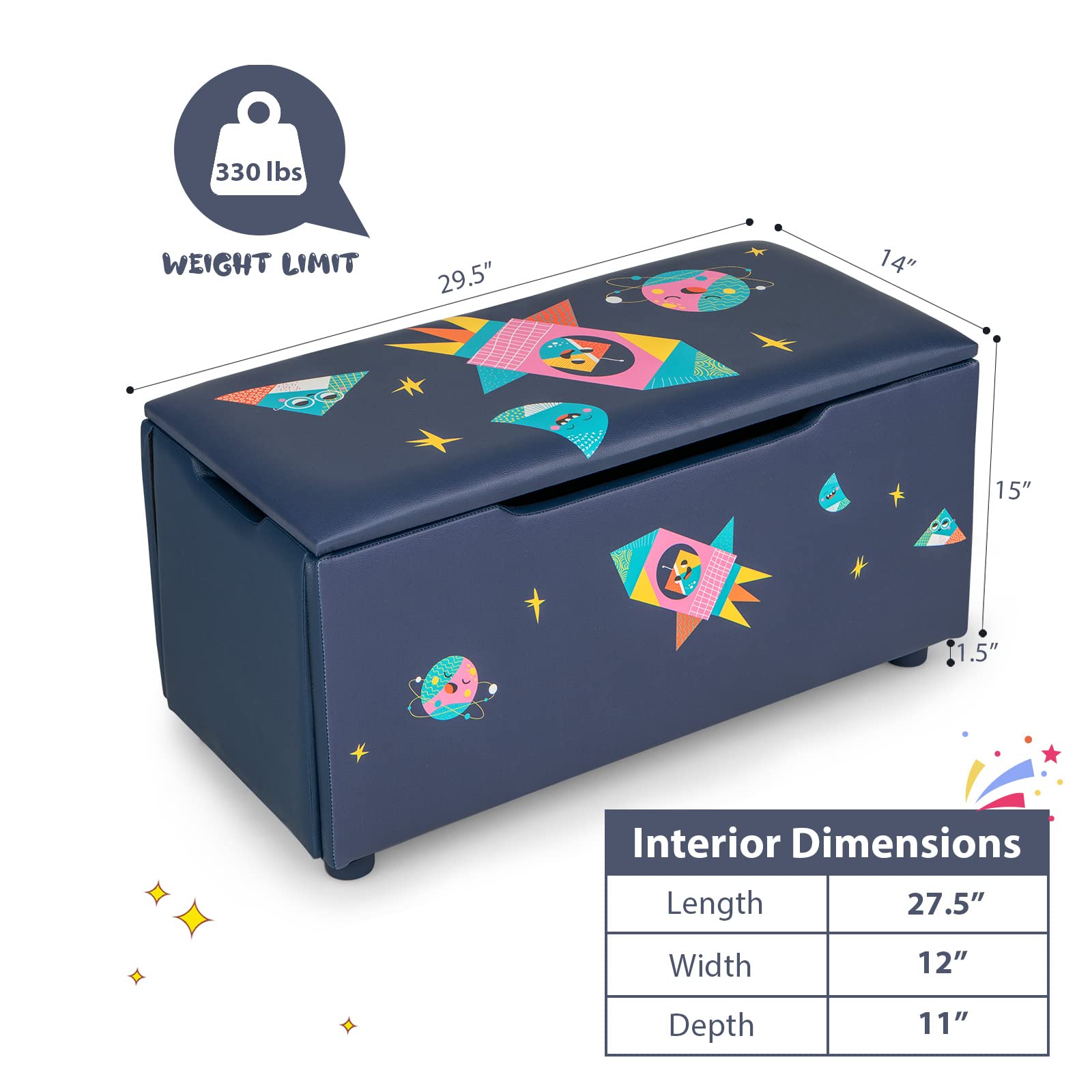 HONEY JOY Kids Wooden Toy Box, 2 In 1 Large Toy Storage Chest with Padded Cushion Seat, Carry Handles, Faux Leather Toddler Toy Storage Bench for Nursery, Bedroom, Playroom (Astronaut)