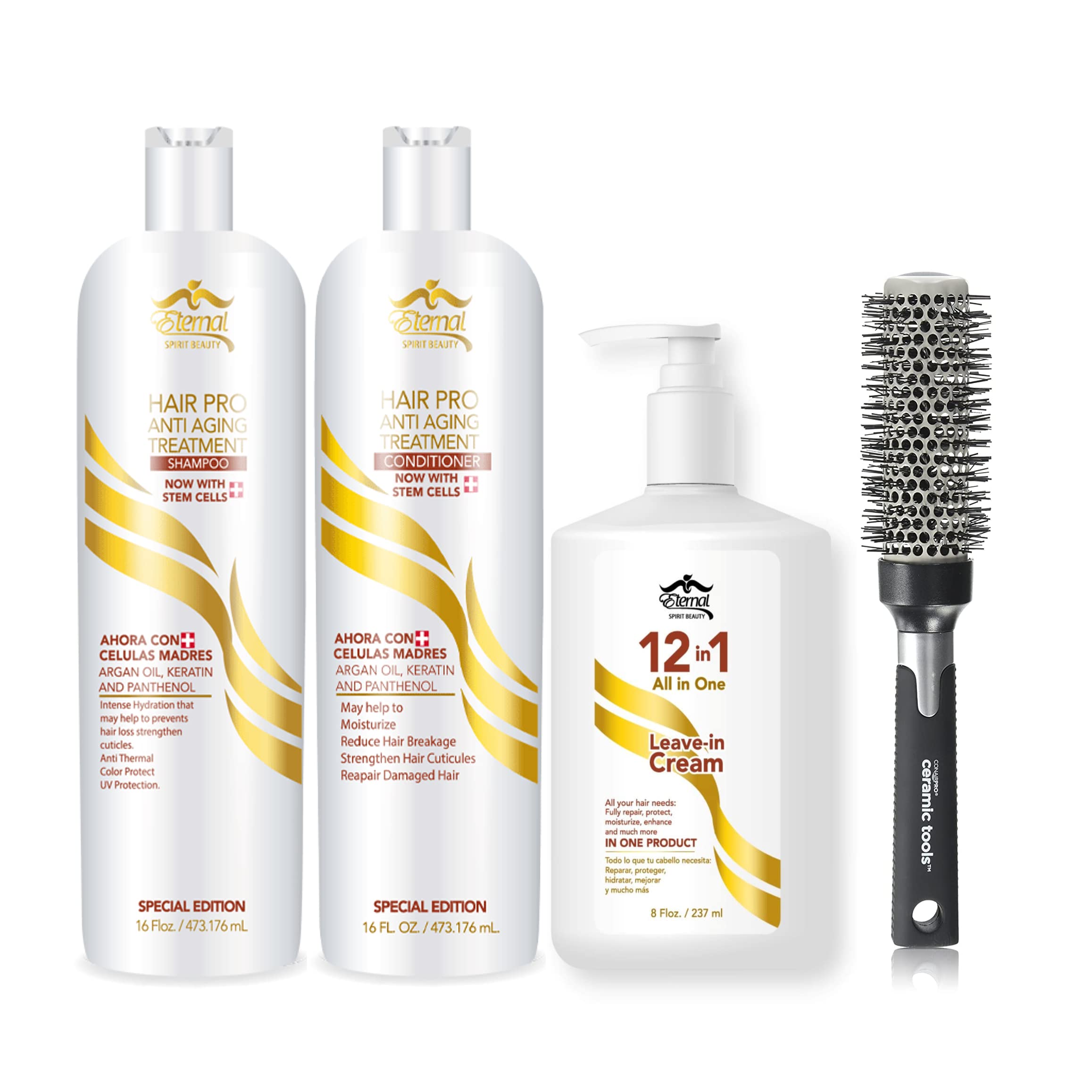 Eternal Spirit Beauty Pro Hair Treatment Bundle: 16 oz Shampoo, 16 oz Conditioner, 8 oz Leave-in Cream with Swiss Stem Cells, and Free Round Brush