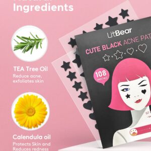 LitBear Acne Patch Pimple Patch, Black Star & Heart Shaped Acne Absorbing Cover Patch, Hydrocolloid Acne Patches For Face Zit Patch Pimple Sticker Acne Dots, Tea Tree Oil + Centella (108 Count)