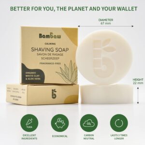 Bambaw | Shaving Soap Bar | 2.8 oz | Organic White Clay & Aloe Vera Shaving Bar | Shaving Soap Puck Sensitive Skin | Natural Shaving Soap | Vegan Shave Bar | Shaving Soap Unscented