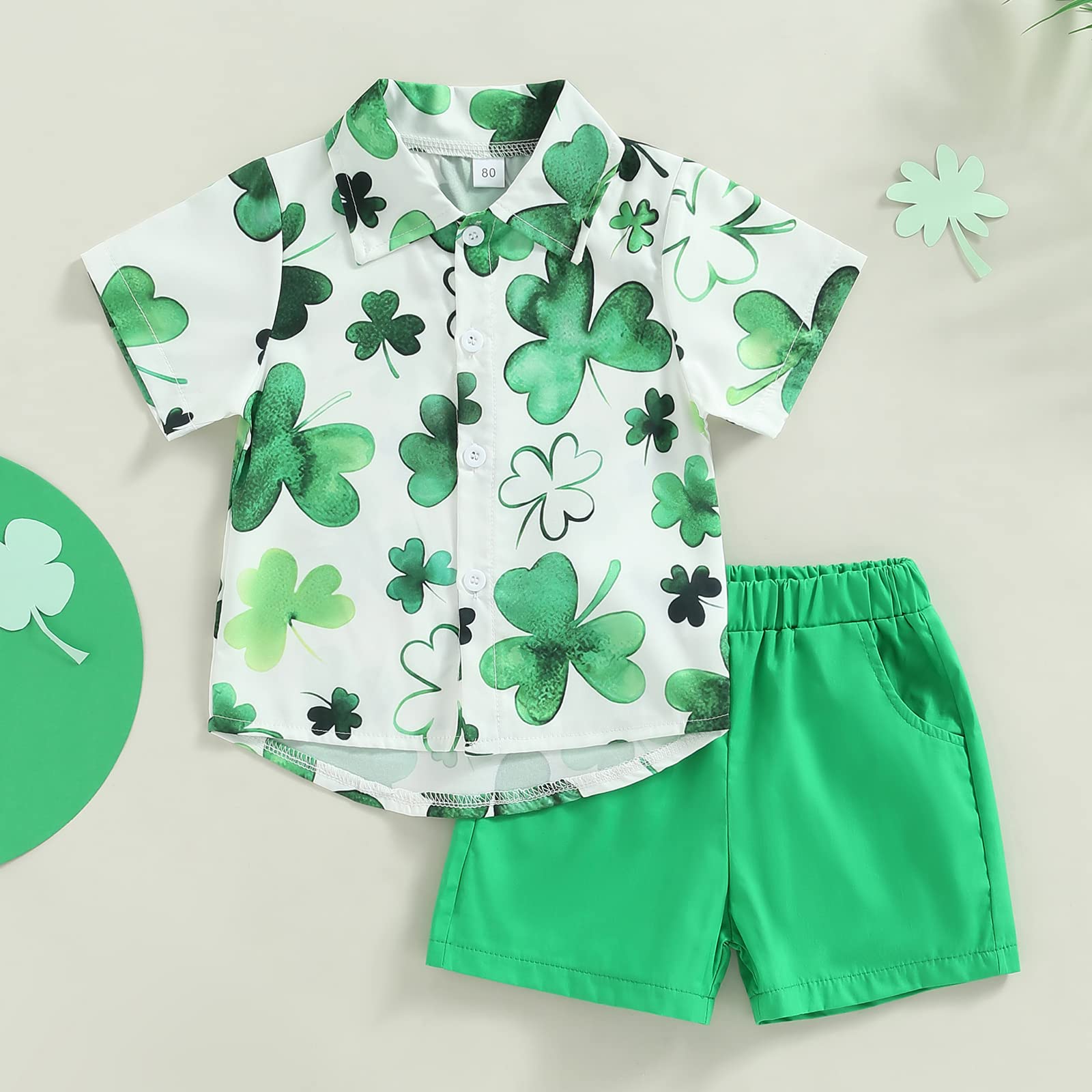 Youweixiong Toddler Baby Boy St. Patrick's Day Outfits Clover Short Sleeve Button Down Shirt Top Solid Shorts Set Summer Clothes 2Pcs (White, 4-5 Years)