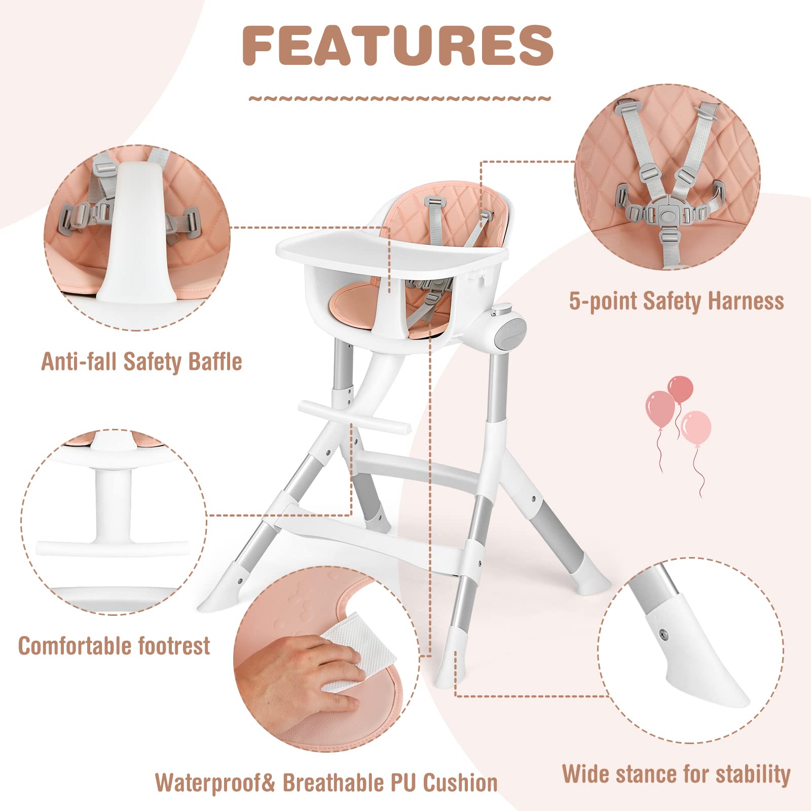 INFANS Baby High Chair, Modern Convertible Design Highchair with Aluminum Construction, 5 Different Heights, Removable Tray, Detachable PU Leather Cushion, Dinning Seat for Infant and Toddlers Pink