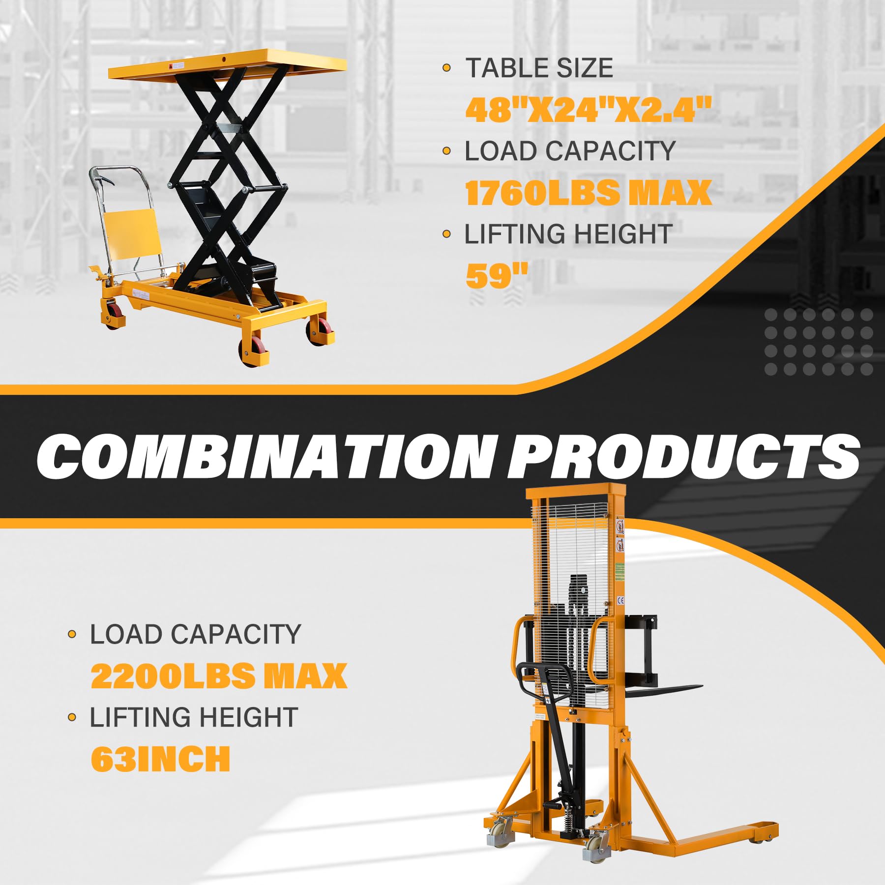 APOLLOLIFT Manual Pallet Stacker with Straddle Legs 2200lbs Capacity 63" Lift Height and Double Scissor Hydraulic Lift Table/Cart 1760lbs Capacity