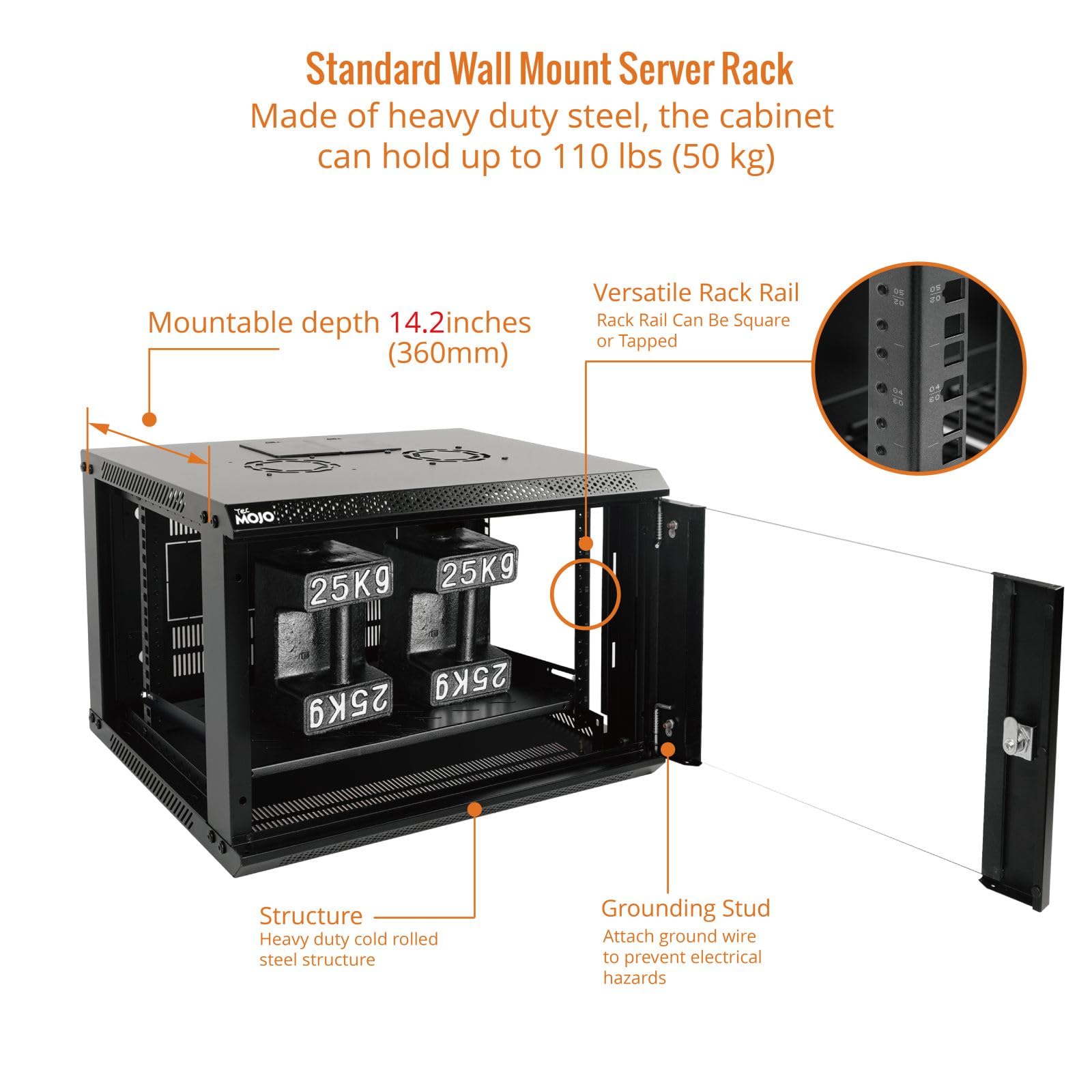 Tecmojo 6U Wall Mount Server Cabinet IT Network Rack Enclosure Lockable Door and Side Panels Black,Cooling Fan,Standard Glass Door,17.7inch Depth,for 19” IT Equipment,A/V Devices