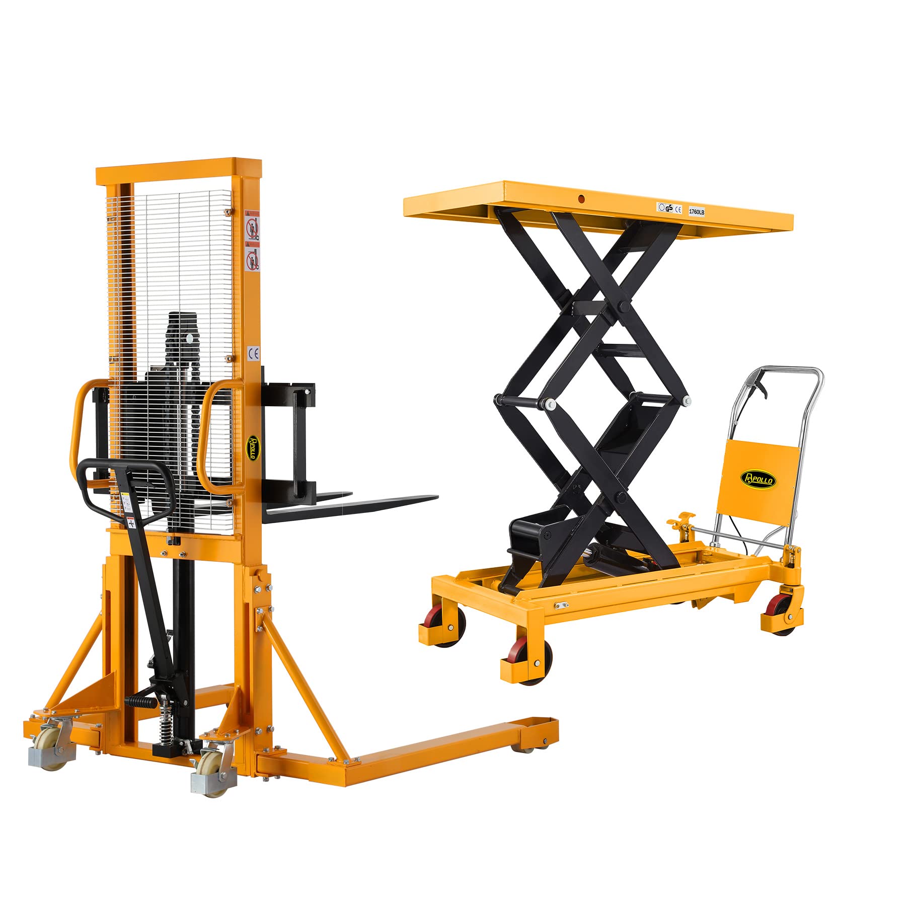 APOLLOLIFT Manual Pallet Stacker with Straddle Legs 2200lbs Capacity 63" Lift Height and Double Scissor Hydraulic Lift Table/Cart 1760lbs Capacity