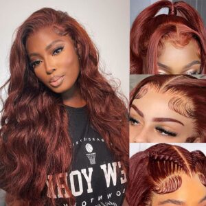 reddish brown lace front wigs human hair auburn colored 13x6 hd body wave frontal wigs for black women 180 density copper red glueless body wave lace front wig human hair pre plucked baby hair 24 inch