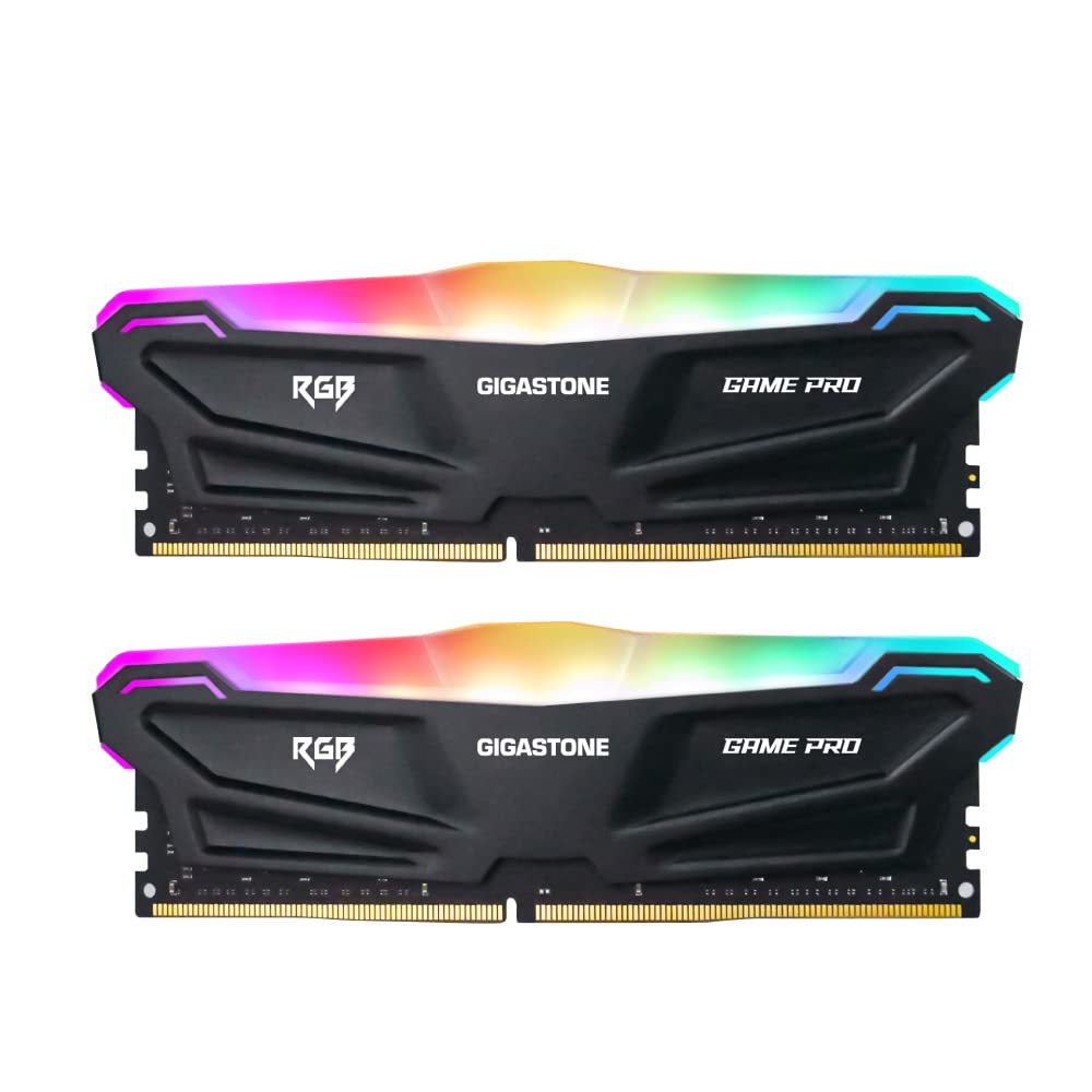 【RGB DDR4 RAM】 GIGASTONE Game PRO 16GB Kit (2x8GB) DDR4-3200MHz PC4-25600 CL 16-20-20-40 Intel XMP 2.0 AMD Ryzen 1.35V UDIMM 288 Pin Unbuffered Non ECC High Performance Gaming Desktop Memory - Black