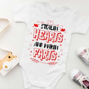 UrVog Stealing Hearts And Making Farts Baby Bodysuit - Funny Toddler Valentines Baby Valentines Day Outfit Boy Girl, One Size, Baby Onesie - 06 Month/White