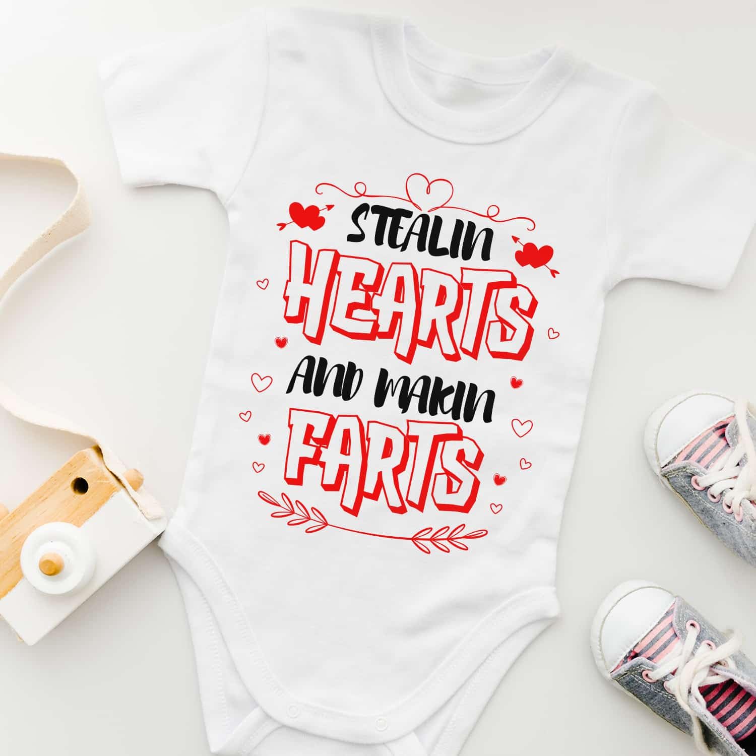 UrVog Stealing Hearts And Making Farts Baby Bodysuit - Funny Toddler Valentines Baby Valentines Day Outfit Boy Girl, One Size, Baby Onesie - 06 Month/White