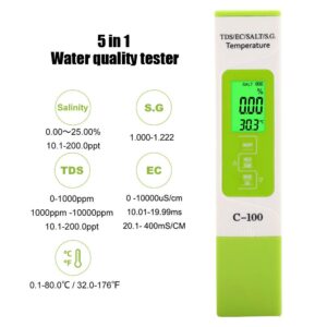 Water Quality Test Pen, C 100 5 in 1 Salinity EC Seawater Tester Multifunction Water Quality Tester with Backlight