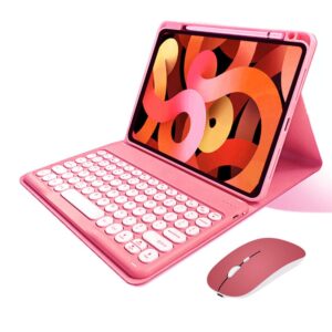 kaitesi keyboard case mouse for ipad 10th generation 2022 keyboard case cute round keys detachable bluetooth keyboard slim smart cover,dark pink