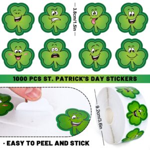 Whaline 1000Pcs St. Patrick's Day Stickers Green Shamrock Shape Stickers in Roll 1.5Inch Clover with Assorted Expressions Label Self-Adhesive Stickers for Irish Party Seals Cards Envelopes, 8 Design