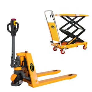 apollolift electric power lithium battery pallet jack truck 3300lb cap. 48" x27" and double scissor hydraulic lift table/cart 770lbs capacity 51.2" lifting height