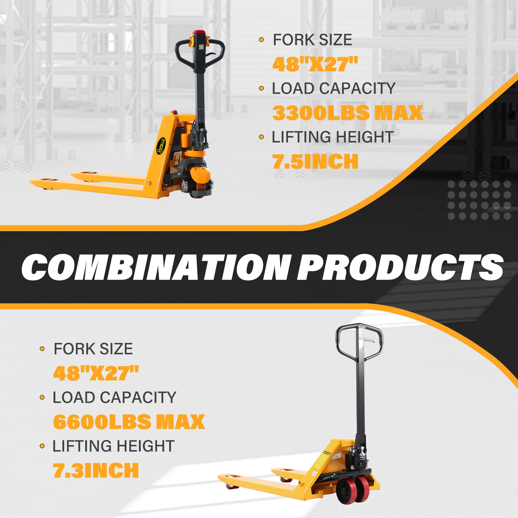 APOLLOLIFT Electric Power Lithium Battery Pallet Jack Truck 3300lb Cap. 48" x27" and Hand Pallet Jack Truck 6600lbs Capacity 48" x27" Fork Size