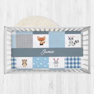 personalized forest animals blue fitted crib sheets with name, custom name baby crib mattress sheets for boys, baby bedding sets, mini name crib sheets for standard crib and toddler mattresses