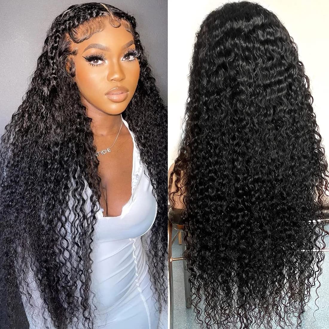 SYHGK 13x6 Deep Wave Lace Front Wigs Human Hair Wigs HD Transparent Deep Curly Lace Frontal Glueless Wigs Human Hair Lace Front Wigs Pre Plucked 150% Density Natural Black 24 Inch