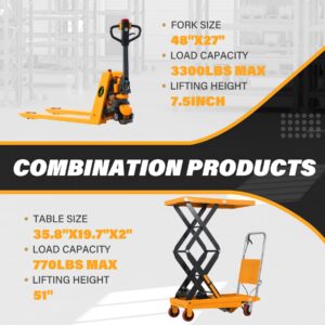 APOLLOLIFT Electric Power Lithium Battery Pallet Jack Truck 3300lb Cap. 48" x27" and Double Scissor Hydraulic Lift Table/Cart 770lbs Capacity 51.2" Lifting Height