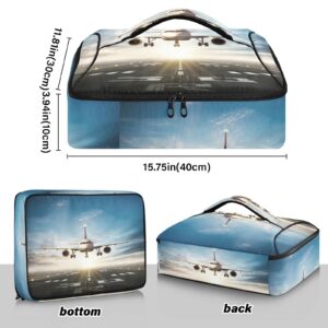 White Aircraft Take Off Runway in Daylight Sunrise Reusable Insulated Pizza Bag, Waterproof Food Delivery Bag, with Handle Lid Leakproof Pizza Holder Tote for Hot or Cold Food