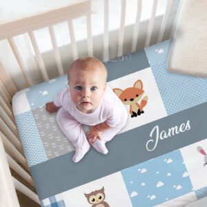 Personalized Forest Animals Blue Fitted Crib Sheets with Name, Custom Name Baby Crib Mattress Sheets for Boys, Baby Bedding Sets, Mini Name Crib Sheets for Standard Crib and Toddler Mattresses