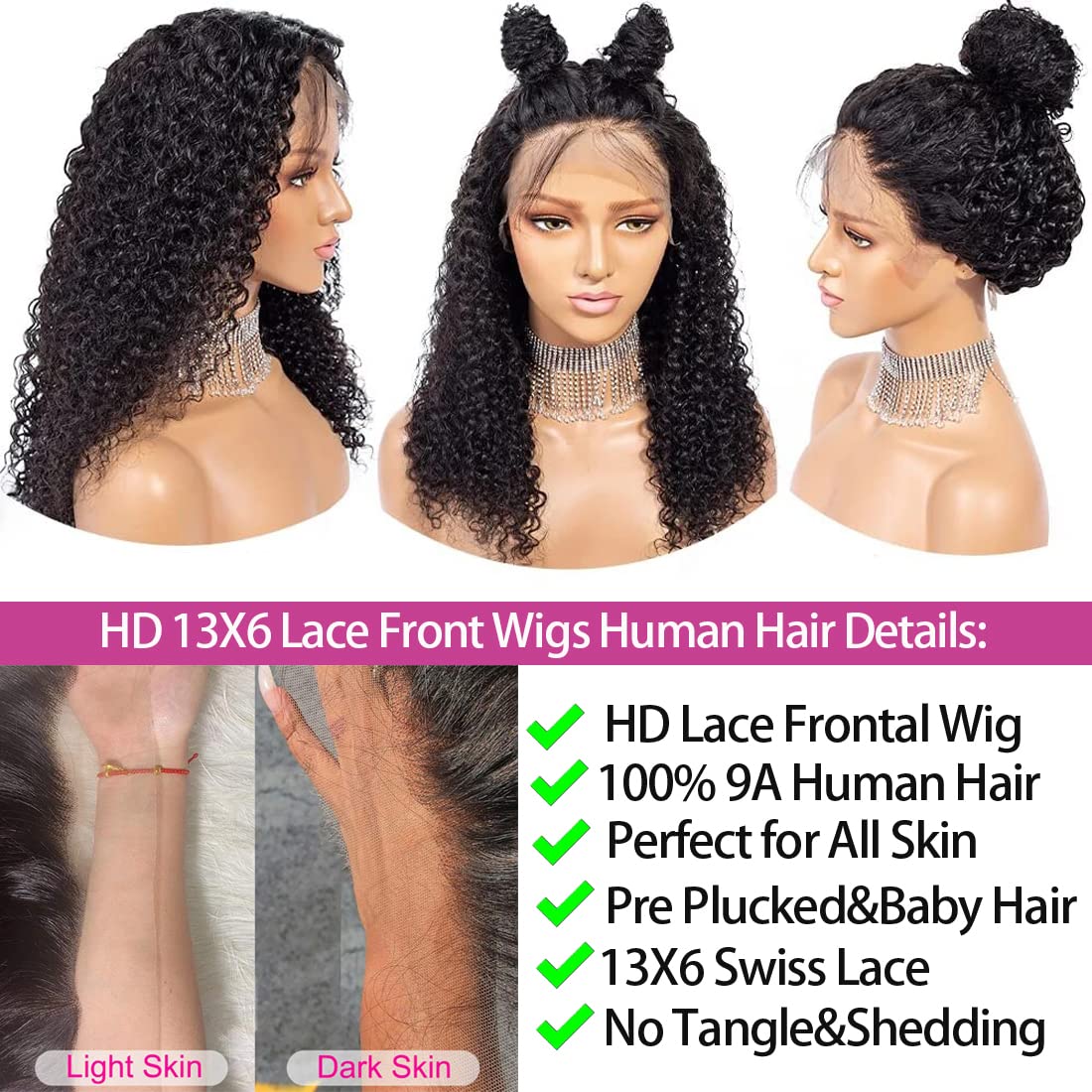 SYHGK 13x6 Deep Wave Lace Front Wigs Human Hair Wigs HD Transparent Deep Curly Lace Frontal Glueless Wigs Human Hair Lace Front Wigs Pre Plucked 150% Density Natural Black 24 Inch