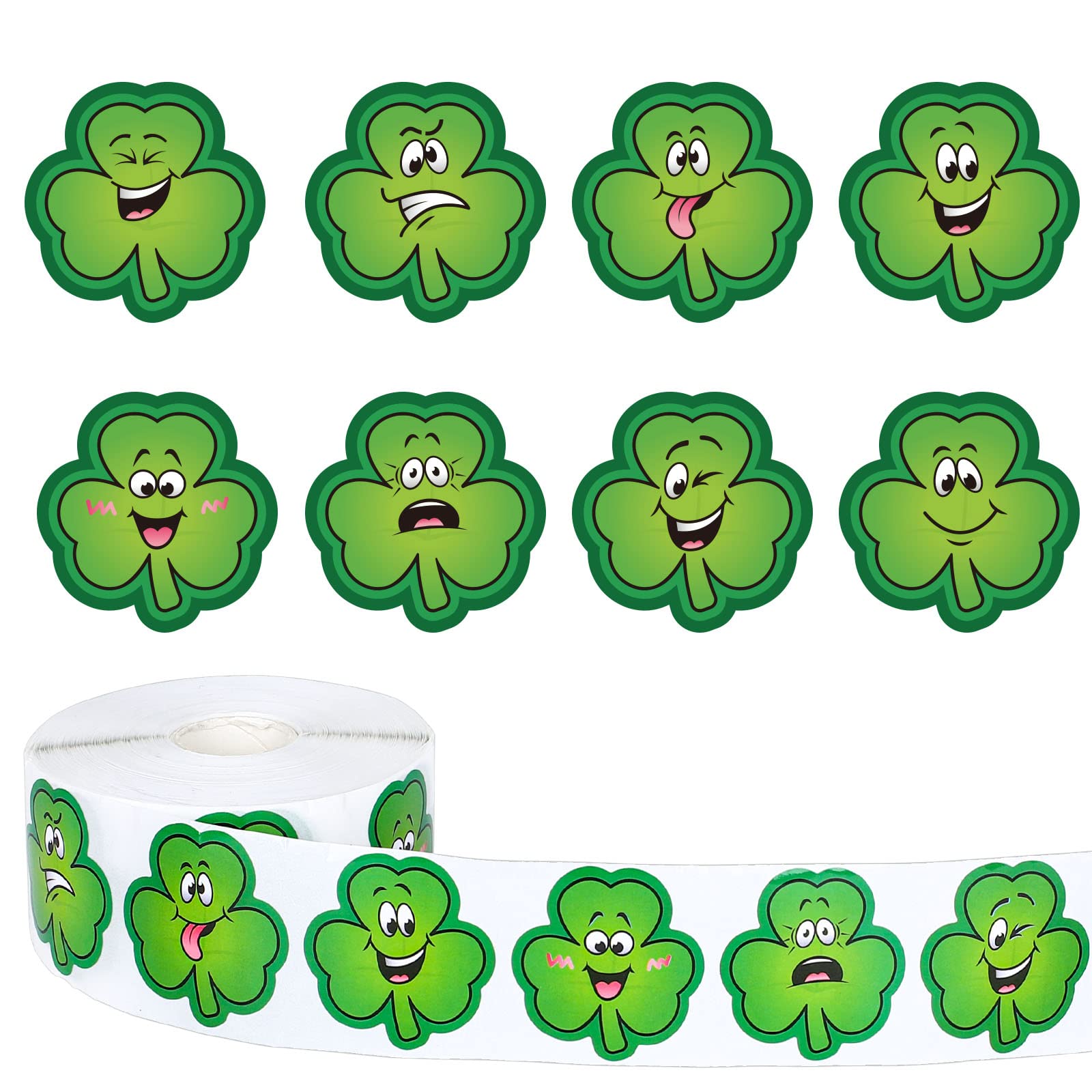 Whaline 1000Pcs St. Patrick's Day Stickers Green Shamrock Shape Stickers in Roll 1.5Inch Clover with Assorted Expressions Label Self-Adhesive Stickers for Irish Party Seals Cards Envelopes, 8 Design