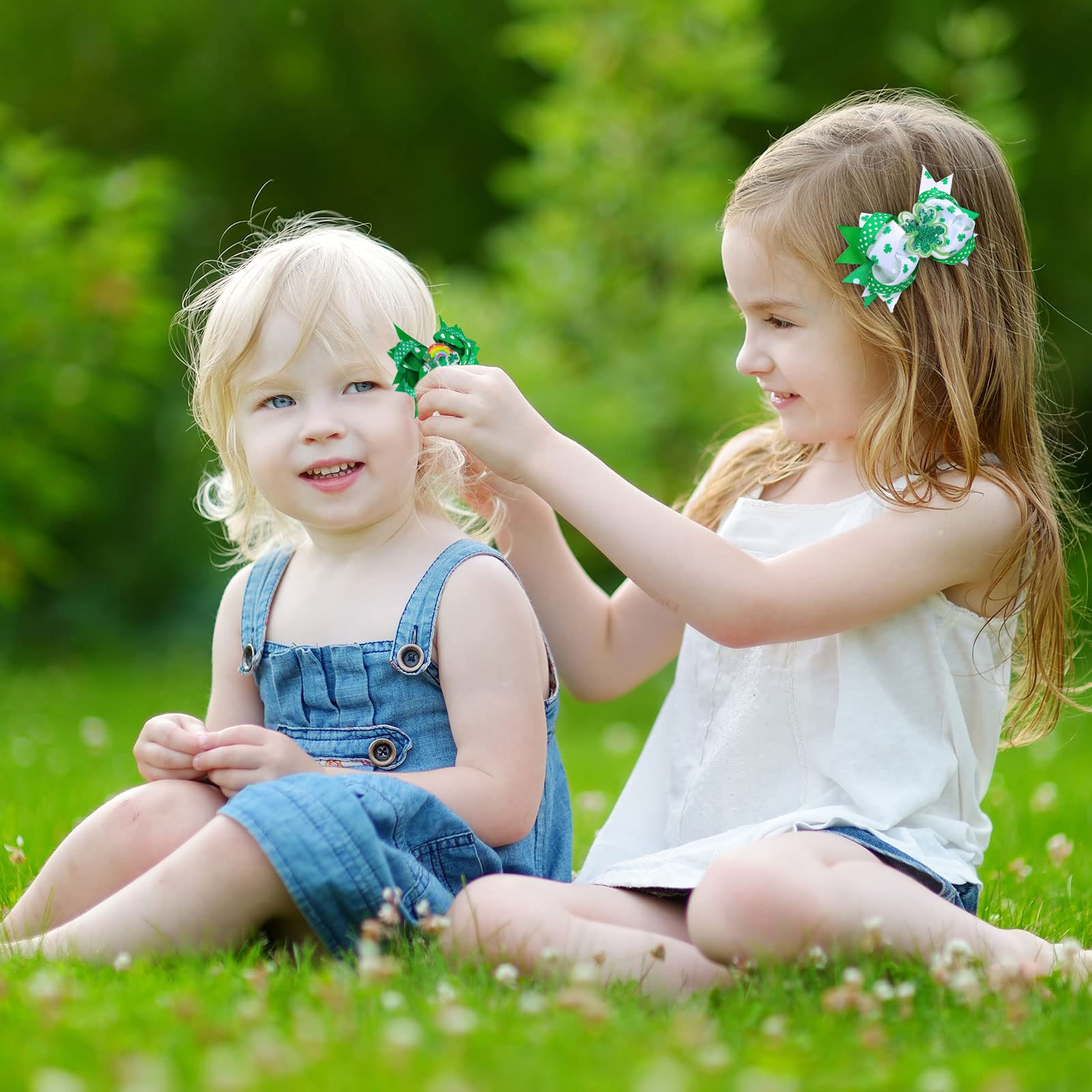 Whaline 3Pcs St. Patrick's Day Hair Bow Clips Shamrock Grosgrain Ribbon Bow Hair Pins Green White Clover Bow Alligator Hair Barrettes for Toddlers Girls Kids Irish Holiday Party Hair Accessories