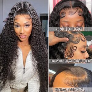 SYHGK 13x6 Deep Wave Lace Front Wigs Human Hair Wigs HD Transparent Deep Curly Lace Frontal Glueless Wigs Human Hair Lace Front Wigs Pre Plucked 150% Density Natural Black 24 Inch