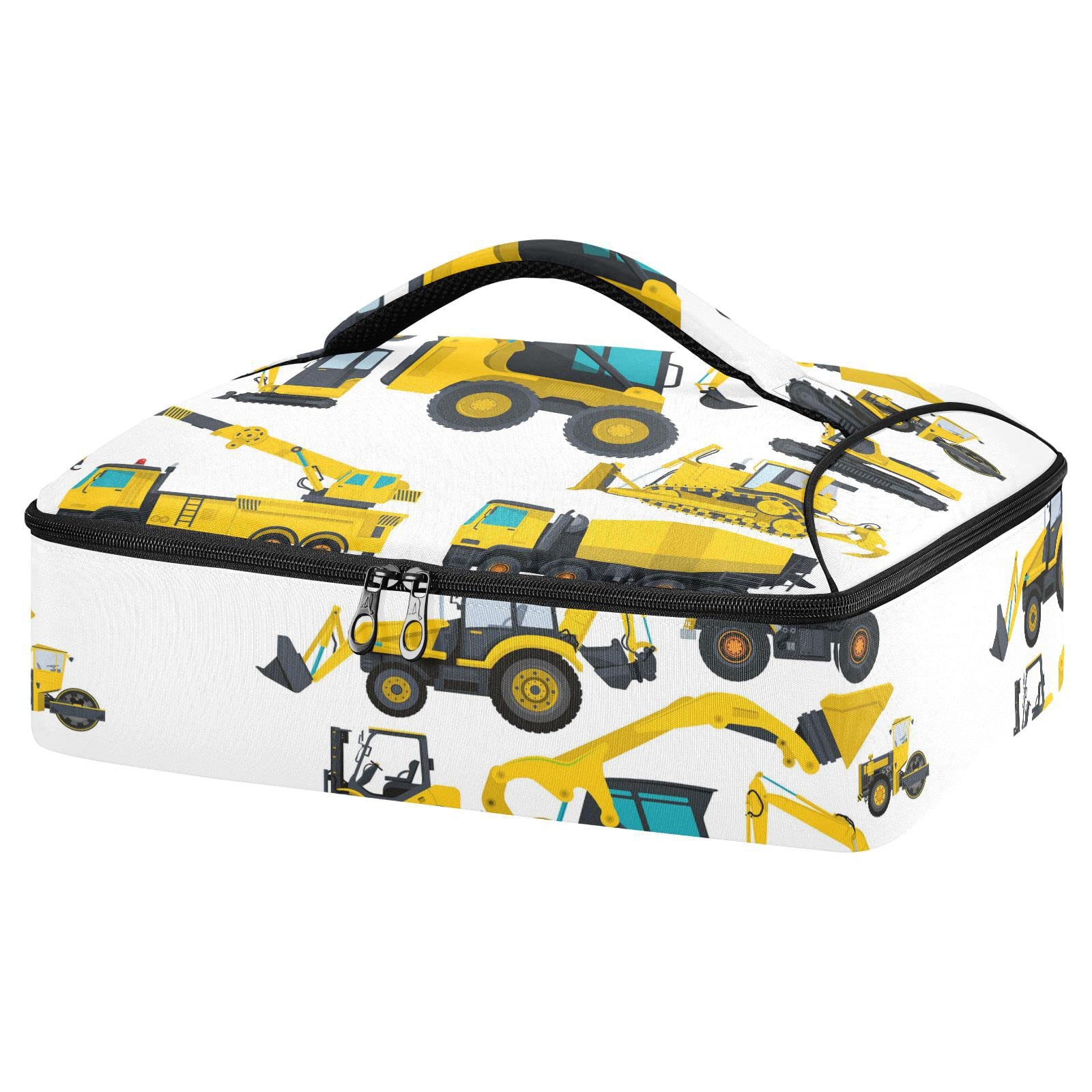 Yellow Machine Vehicles Truck Digger Crane Bagger Reusable Insulated Pizza Bag, Waterproof Food Delivery Bag, with Handle Lid Leakproof Pizza Holder Tote for Hot or Cold Food