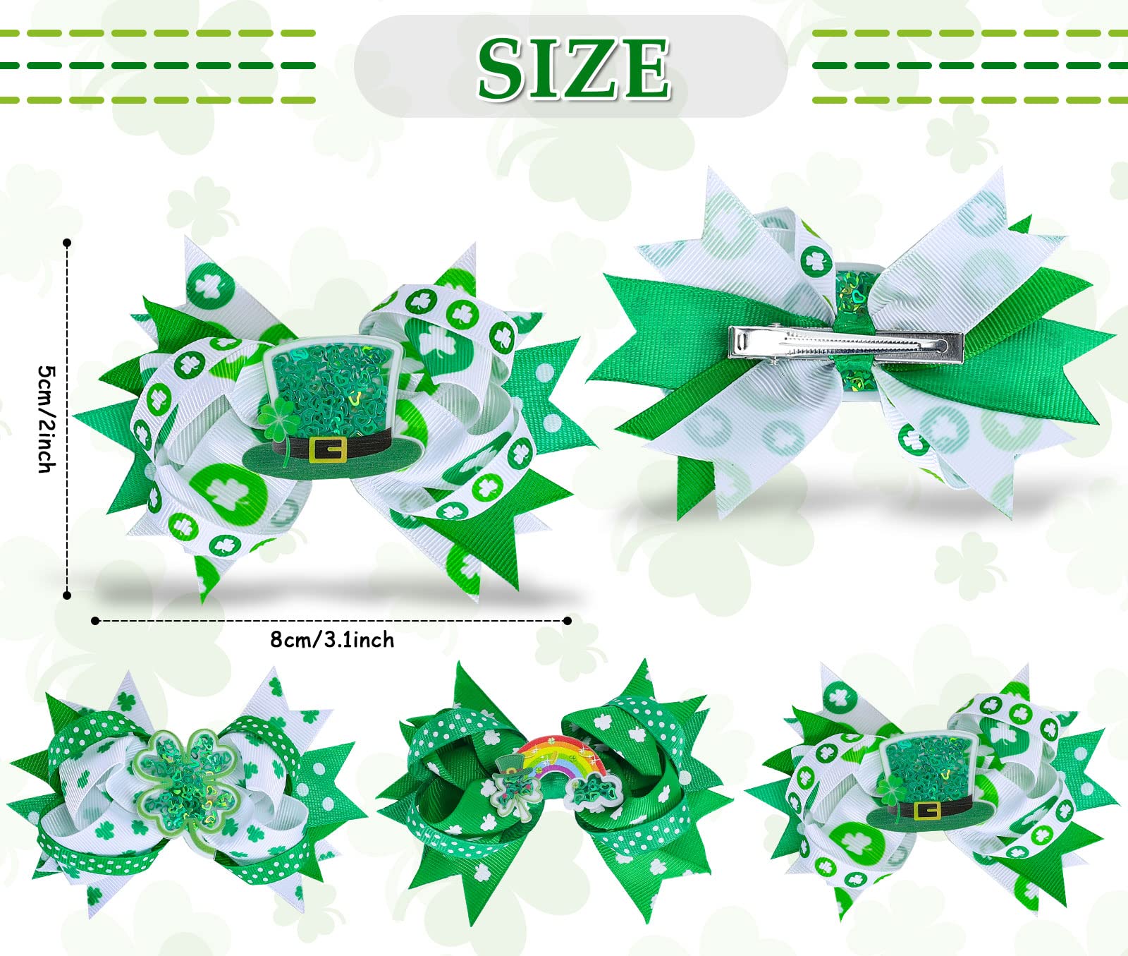 Whaline 3Pcs St. Patrick's Day Hair Bow Clips Shamrock Grosgrain Ribbon Bow Hair Pins Green White Clover Bow Alligator Hair Barrettes for Toddlers Girls Kids Irish Holiday Party Hair Accessories